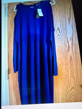RALPH LAUREN Black Label midi navy blue gold chain/buttons split sleeve dress